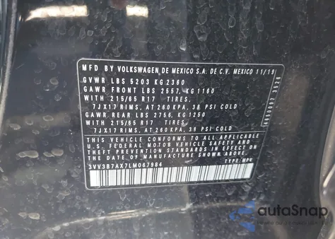 2020 Volkswagen Tiguan 2.0T Se/2.0T Se R-Line Black/2.0T Sel z USA, uszkodzony, nr VIN 3VV3B7AX7LM067984